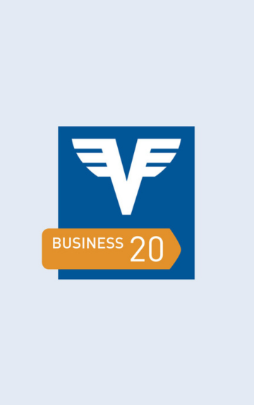   Das Business Konto Logo mit orangener 20-Aufschrift in Dunkelblau.